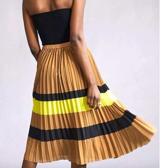 Anthropologie Maeve Pleated Stripe Midi Skirt Officecore
